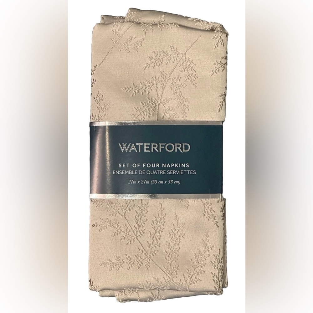 NWT WATERFORD DINNER NAPKINS SET OF 4 LINEN TAUPE 3D BRANCHES TABLE LUXURY 21 SQ